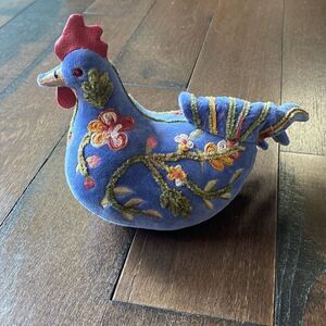Cotton Velvet embroidered weighted chicken hen rooster blue floral folk art